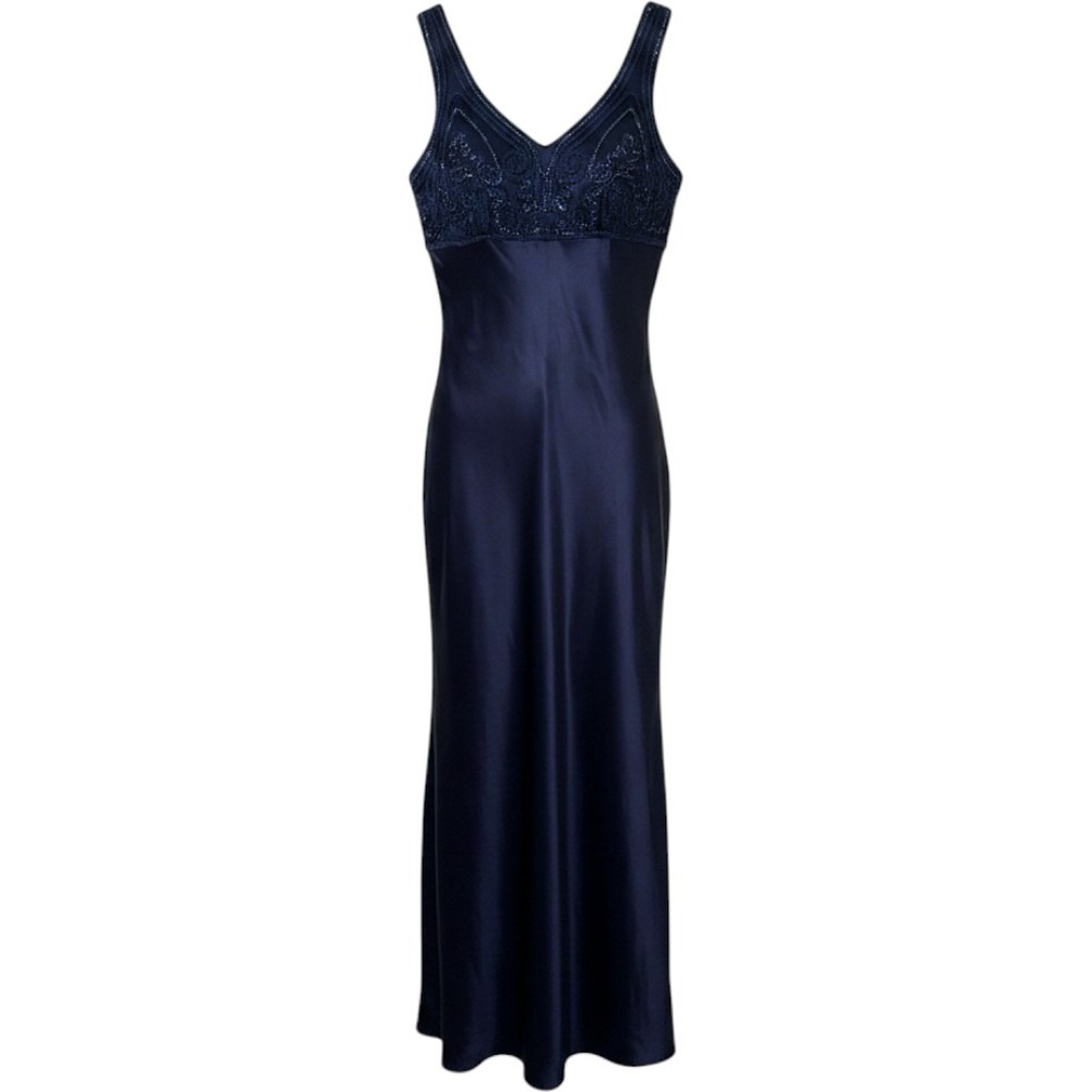 Scarlet Vintage Navy Blue Satin Maxi Dress Soutache Beaded Bodice Made Canada
